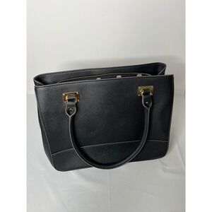 Anne Klein Black Faux Leather Tote Bag Polka Dot Lining Gold HW Satchel Purse
